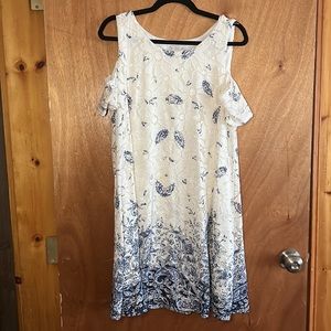 White and Blue Lace Dress with Cap Sleeves